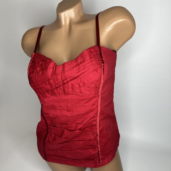 Y2K 2b Bebe Red Ruched Corset Cami Top M Smocked Back Rockabilly Pinup Bombshell - Picture 11 of 11